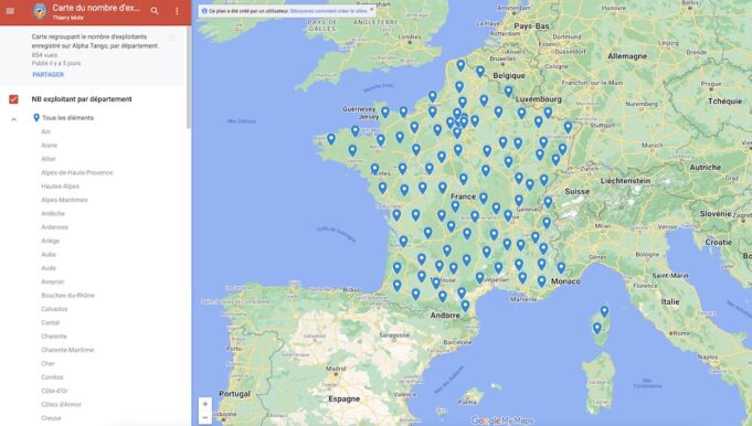 Carte regroupant le nombre d'exploitants drones enregistré sur Alpha Tango