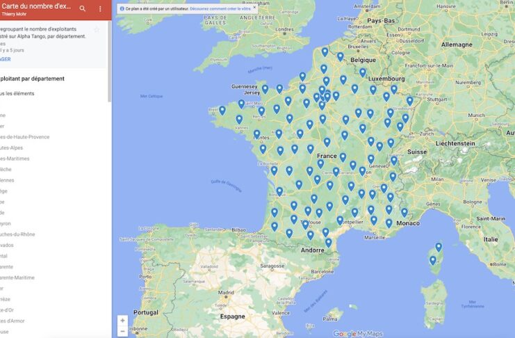 Carte regroupant le nombre d'exploitants drones enregistré sur Alpha Tango
